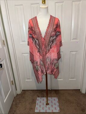 Coral Printed Open-Front Swim Coverup Kimono